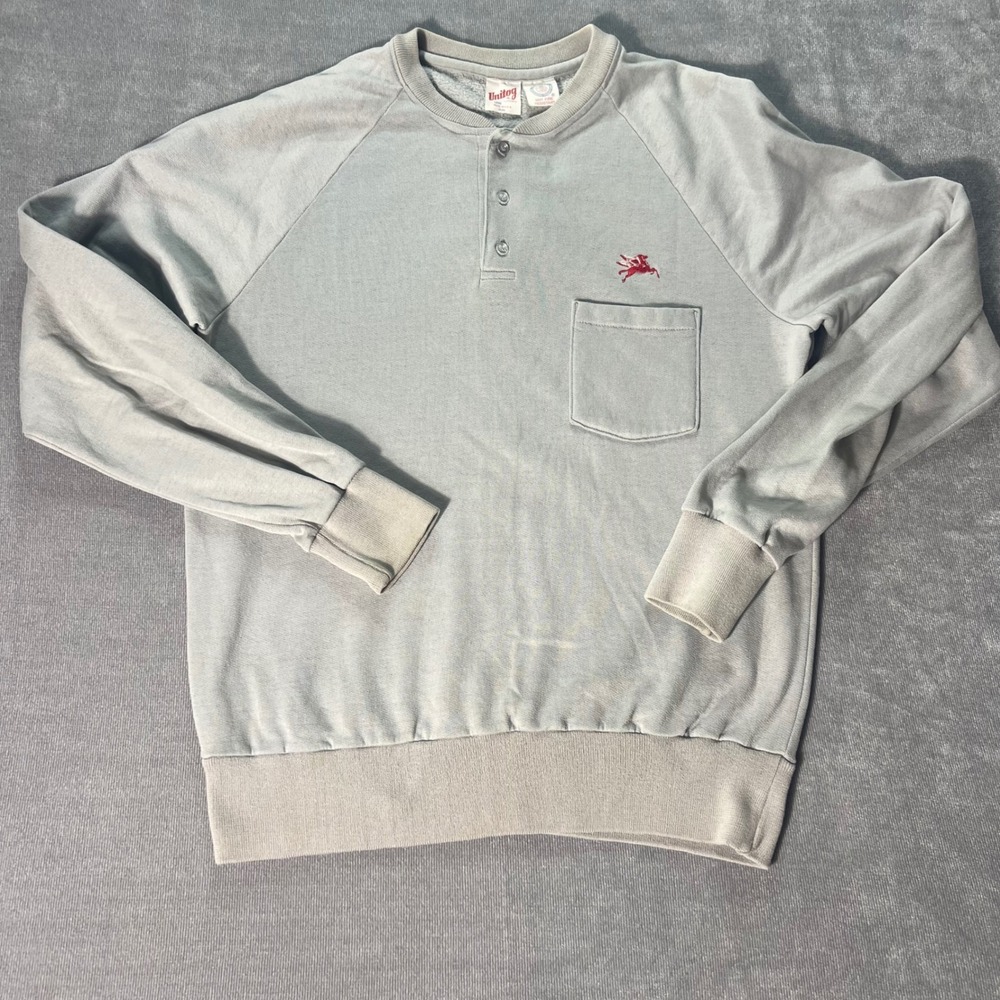 Vintage Unitog Pegasus Mobil Oil Henley Sweatshirt Gray Large Made in USA Pocket